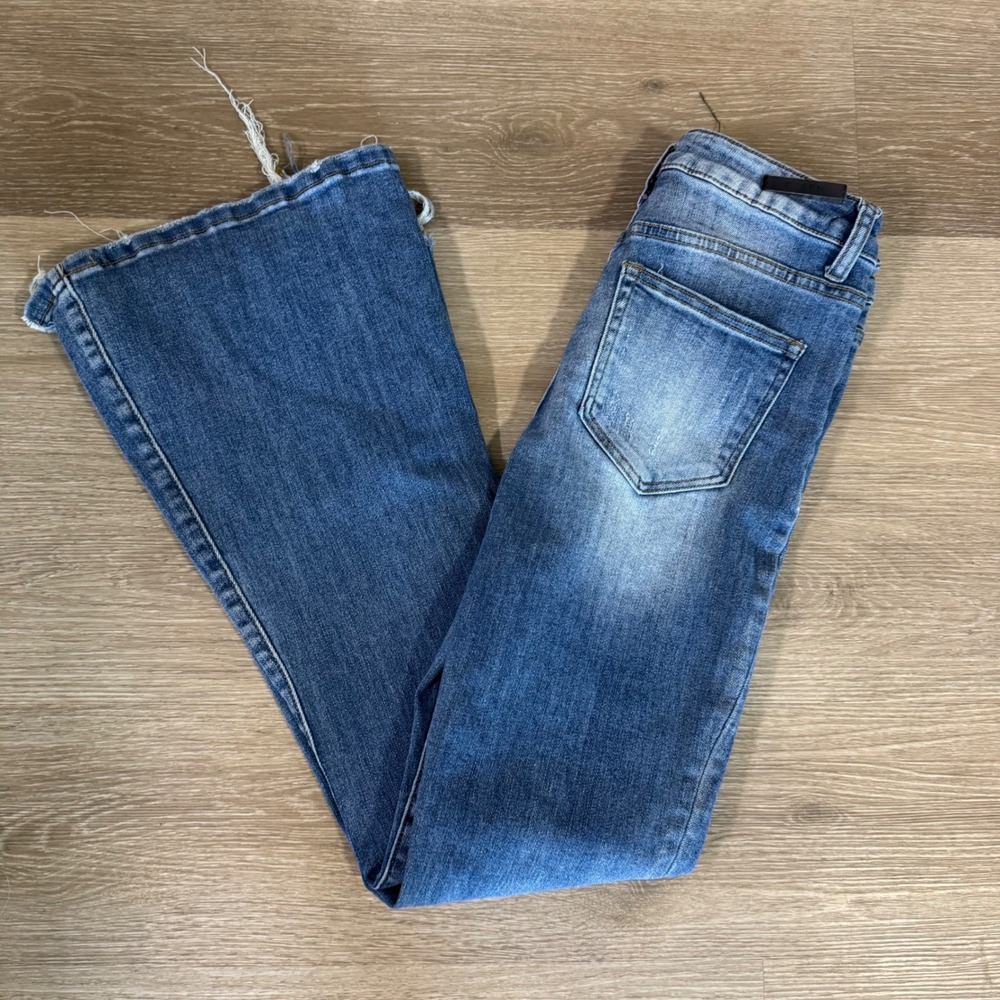 Risen Flare Jeans Womens 29/9 Blue Distressed Raw Hem RDP1426 Stretch Denim